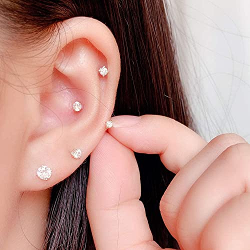 Hypoallergenic Sterling Silver Cubic Zirconia Cz Stud Earrings Set For Womens Mens Girls, 3 Pairs Small Round Simulated Diamond Studs For Cartilage Tragus Multi Piercing Ears 2Mm / 3Mm / 4Mm #TOP4