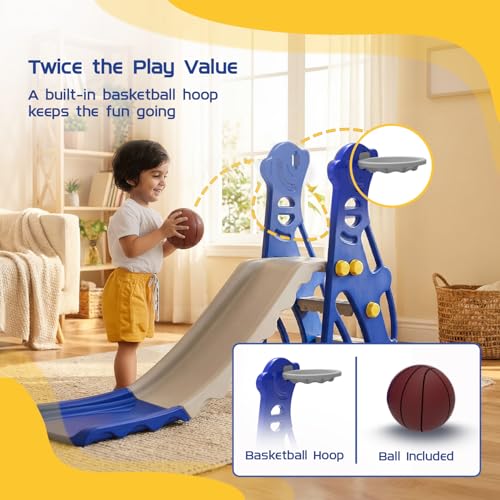 Image of Amazon Brand - Solimo Penguin Slide for Kids 2-5 Years | Indoor & Outdoor | Basketball Hoop & Ball | Anti-Slip Steps | Wide Platform | Max Load 20kg | Blue & White