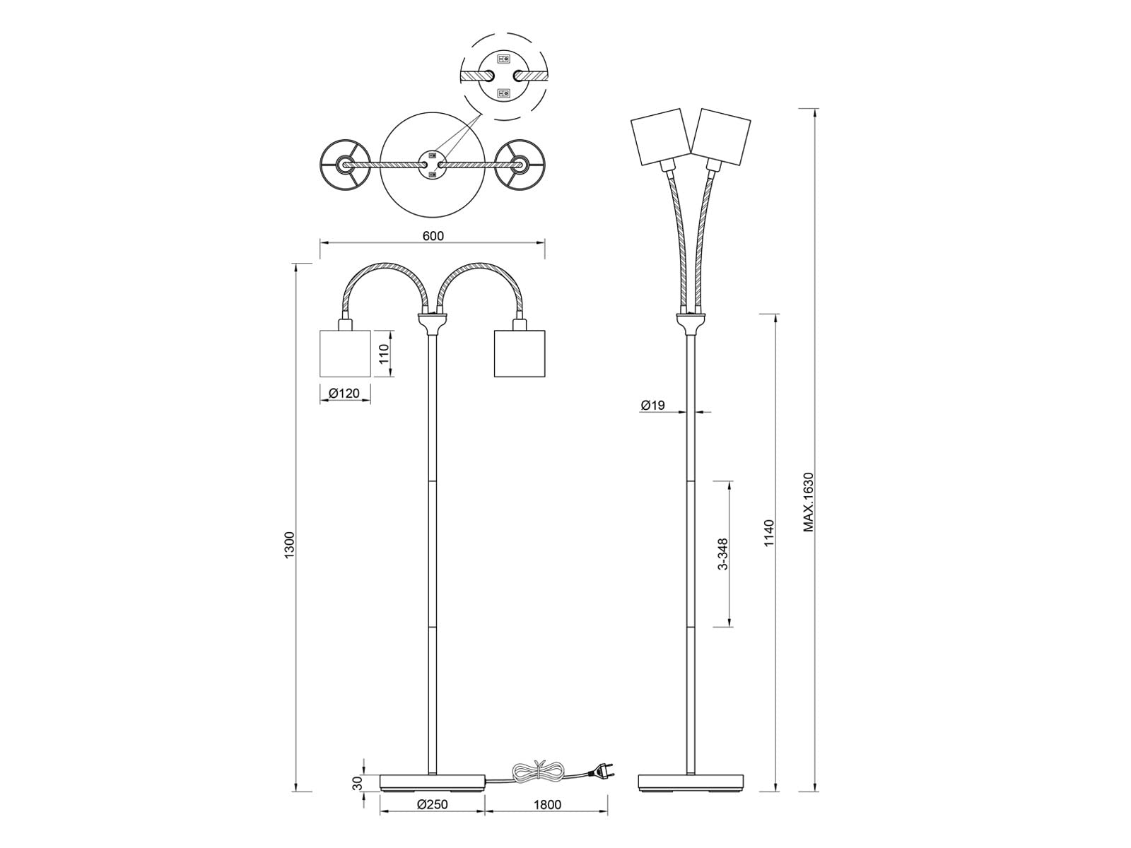 Kleine Stehleuchte 130cm 2-flammig mit Flexarmen, Stoffschirme Schwarz