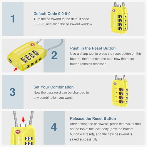 Image of Puroma TSA Approved Luggage Lock, 4 Digit Combination Travel Locks Resettable Code Lock with Zinc Alloy Body for Suitcase, Toolbox, Backpack, Bag, Gym Locker, Yellow, Modern
