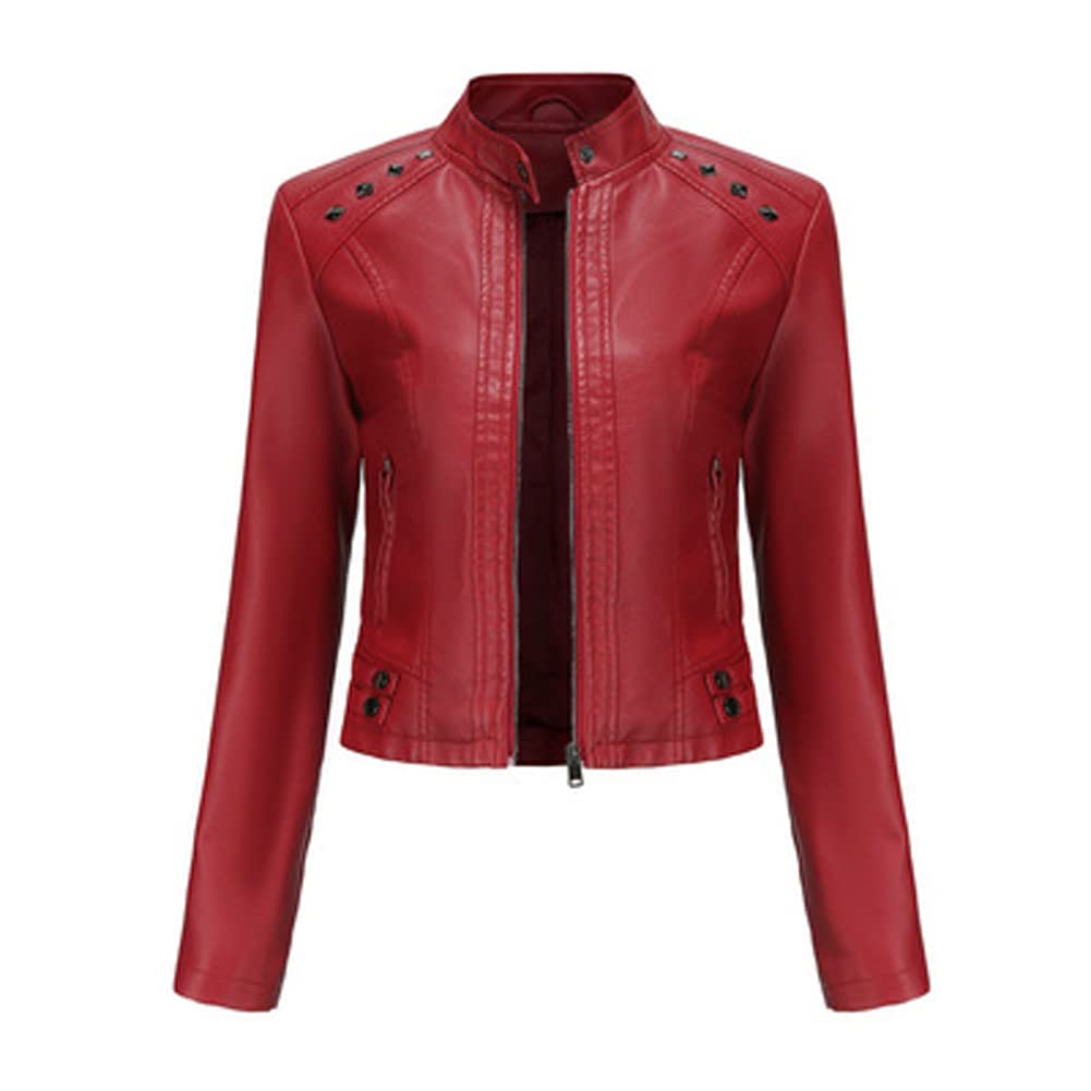 Giacca corta da donna in pelle PU manica lunga top donna sottile stand collare moda giacca. rosso-XXL