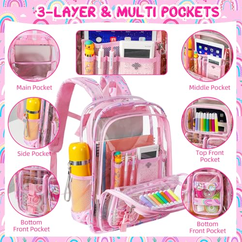 Image of Clear Backpack for School, 17 inch Heavy Duty PVC Transparent Bag, Cute See Through Bookbag with Pencil Case for Stadium Approved Women Girls Teens