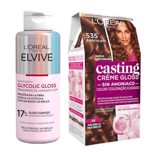 Pack L'Oréal Paris Elvive Tratamiento 5 Min. Glycolic Gloss Con Ácido Glicólico Cabello Suave Y Brillante + L'Oreal Paris Casting Crème Gloss Creme Tinte para Cabello, Chocolate