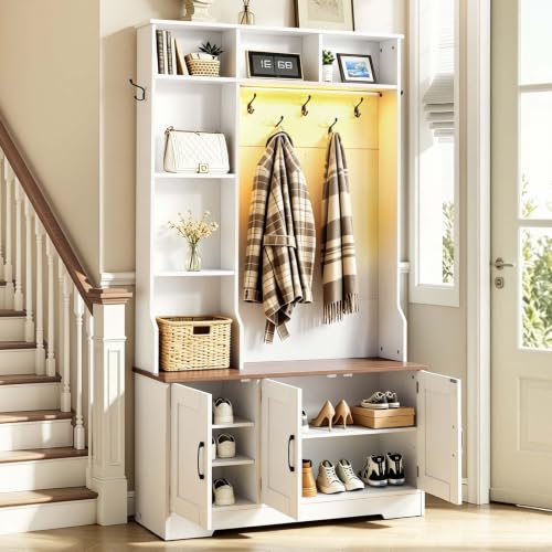 VEVOR Hall Tree with Bench and Shoe Storage, 39″ Wide, Entryway Hall Tree with Bench, Hanging Hooks, Storage Shelves, Adjustable Shoe Shelves, LED Light, Wooden, for Mudroom, Entryway, Hallway, White