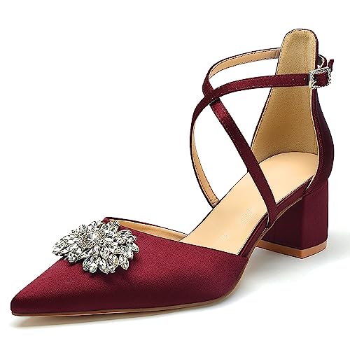 Pointed Toe Satin Wedding Shoes - White Low Heels, Rhinestones, Cross Strappy Block Heels - Comfortable Dress Shoes for Women