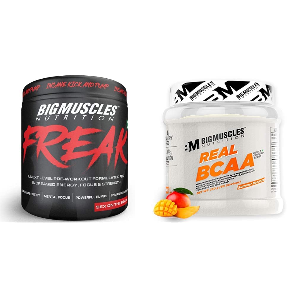 Freak Pre-Workout Sex on the Beach [30 Servings, Pack of 180g powder] & Bigmuscles Nutrition Real BCAA [50 Servings, Summer Bonanza]