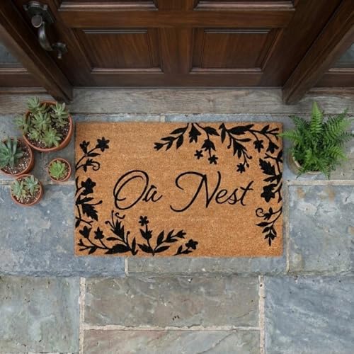 Image of ATMAH Our Nest Floral Coir Door Mat 45 x 75 cm | Heavy Duty Entrance Mat | Anti Slip PVC Backing | Indoor & Covered Outdoor Doormat