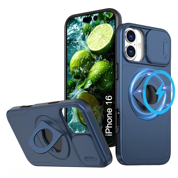 Image of LuxuryKase MagSafe Shockproof Rugged Back Case for iPhone 16 | Finger Ring Kickstand & Sliding Camera Cover | Military Drop Protection | Wireless Charging Support - Blue