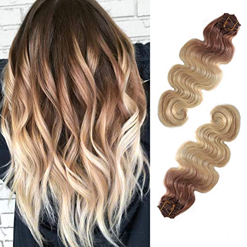 Short 14 Inch Curly Clip in 100% Human Hair Extensions Ombre Double Weft Body Wave Balayage Clip on Human Hair Extension Highlights Golden Brown and Bleach Blonde 8 Pieces 100g Full Head Clip ins