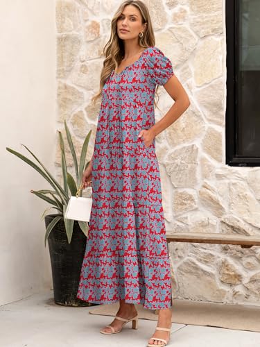 Image of ANRABESS Women's Boho Maxi Dresses 2025 Summer Casual Floral Puff Short Sleeve Tie Front Flowy Swing Tiered Long Beach Dress