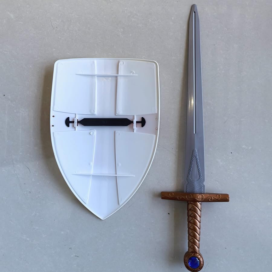 2-Piece Medieval Crusader Shield 12" + Warrior Sword 20" Red Cross Shield Plastic Swords Costume Cosplay Props Halloween