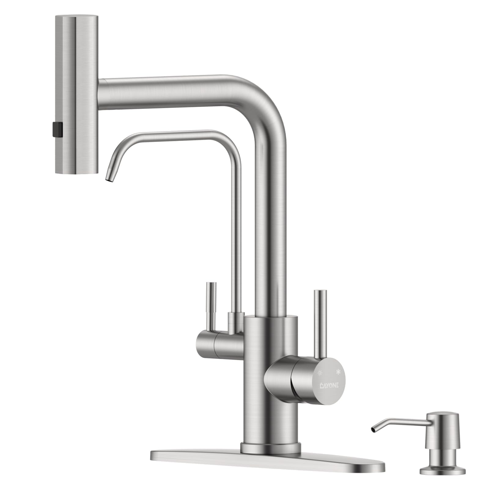 DAYONE Brushed Nickel Waterfall Kitchen Faucet with Drinking Water Faucet and Soap Dispenser, 3 Holes Kitchen Sink Tap with Purfied Water, SUS304 3-Way, (Without Water Filtration Device)