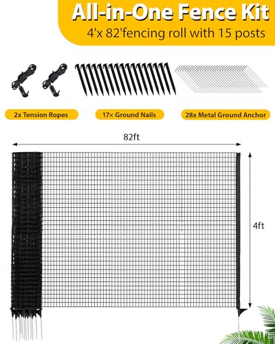 Image of Temporary Fence with Posts, 4'x82' Plastic Fencing Garden Fence Animals Barrier with Fiberglass Stake Windbreak Rope, Portable Snow Fences, Fencing for Dogs Outdoors Backyard (Black)
