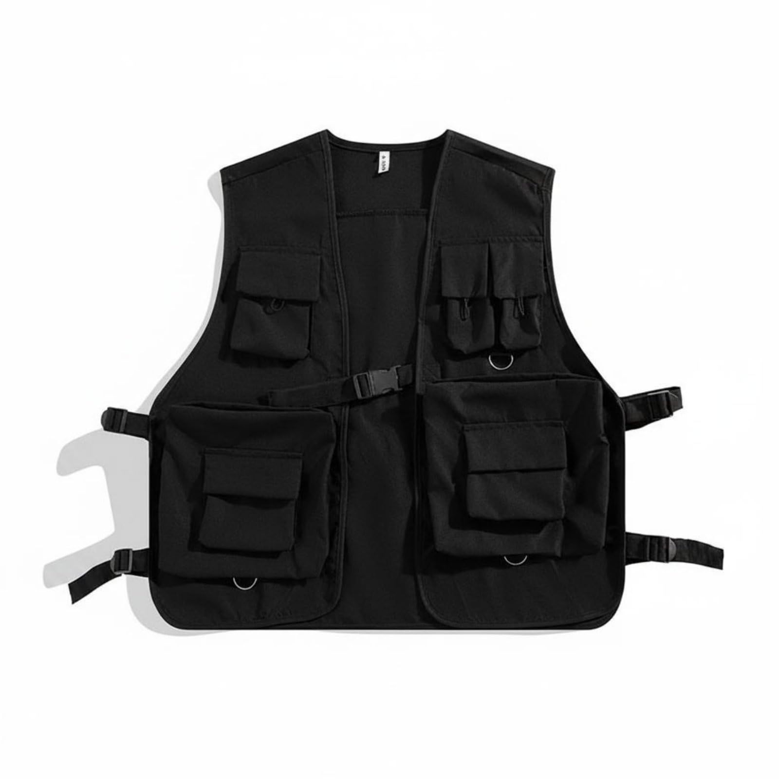 UJEAVETTE Black Cargo Vest Streetwear Look Multi-Pocket Vest Long-Lasting Utility Sleeveless Jacket for Men, Women, Outdoor, Black, M-image-22