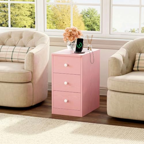 Image of LIKIMIO Nightstand with Charging Station, 3 Drawers Modern for Bedroom
