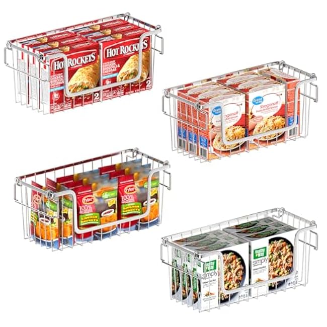 Orgneas Stacking Freezer Organizer Bins for 5.0Cu.Ft Chest Freezer, Small Stackable Chest Freezer Baskets Metal Wire Kitchen Pantry Storage Open Front Deep Freezer Bins with Foldable Handles, Set of 4