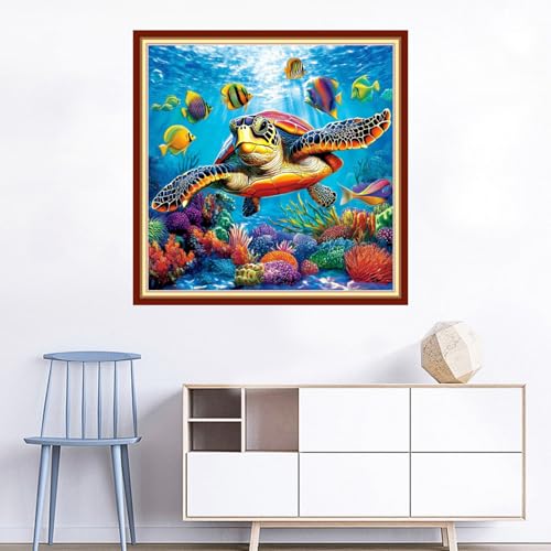 Image of Joyhoor Cross Stitch Kits for Beginners Stamped Cross-Stitch Supplies Needlework preprint Embroidery Kits for Adults DIY Needlepoint Kits Embroidery Patterns 11CT-Underwater sea Turtle 18x18 inchs