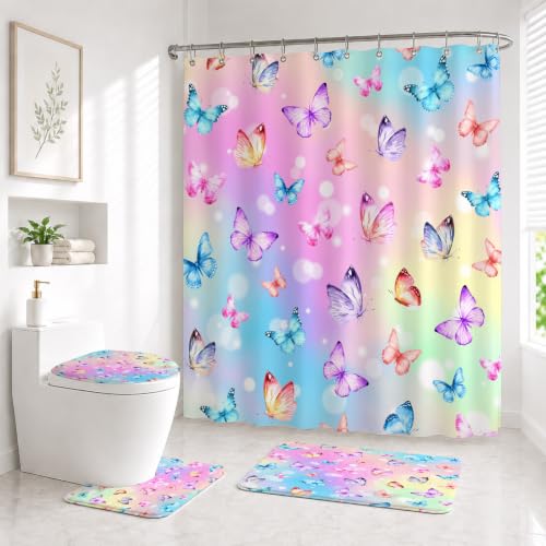 Muuyi 4Pcs Pink Bathroom Sets with Shower Curtain and Rugs Gradient Butterfly Cute Shower Curtain Set Women Girly Bathroom Decor Includes Non-Slip Bath Mat Toilet Lid Cover & 12 Hooks 71 x 71