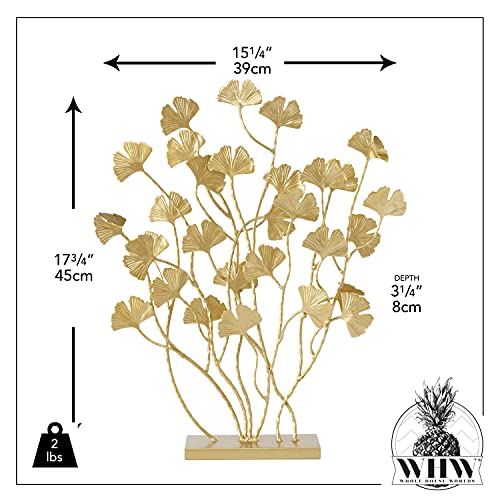 Whw Whole House Worlds Abstract Gingko Sculpture, Gold Metal, Medium Matte Gilt Finish, Botanical Stems And Leaves, Golden Gilt, Mounted, Block Base, 15.25 L X 3.25 W X 17.75 H Inches #TOP2