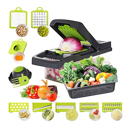 Cortador de verduras de mandolina, cortador y rallador 12 en 1, cortador de verduras, patatas, cebollas, picador de verduras con contenedor gris