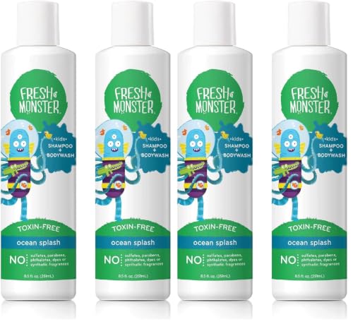 Image of Fresh Monster 2-in-1 Natural Shampoo & Body Wash for Kids, Toxin-Free, Hypoallergenic, Ocean Splash (4 Pack, 8.5oz /each)