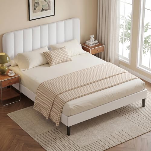 Image of VECELO Full Size Bed Frame with Upholstered Headboard, Velvet Platform Bedframe Mattress Foundation, Strong Wood Slat Support, No Box Spring Needed,White