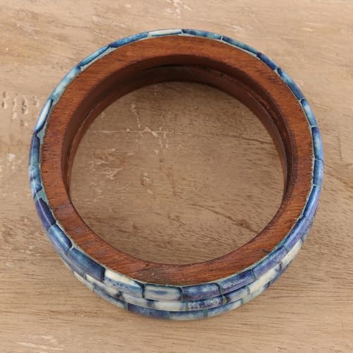 NOVICA Artisan Handmade Bone Mango Wood Bangles Blue Bracelets Set of 3 Brown India [ 8 in Inner Circ. x 0.2 in W] ' Blue Saga' Set of 33