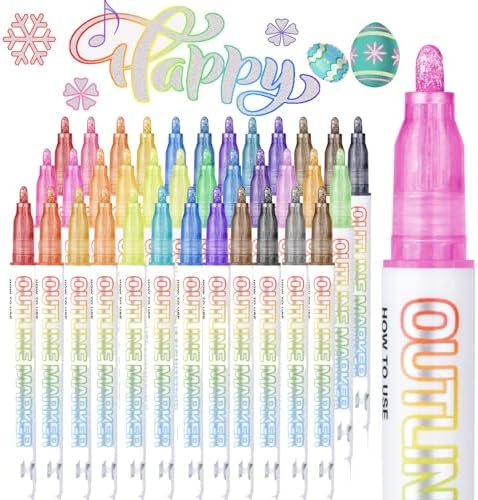 Double Line Outline Markers, Squiggles Shimmer Markers Set, 36 Pack Self Outline Metallic Glitter Marker Pens for Christmas,Art, Drawing, Writing, Greeting Cards, DIY, Scrapbook, Easter Eggs