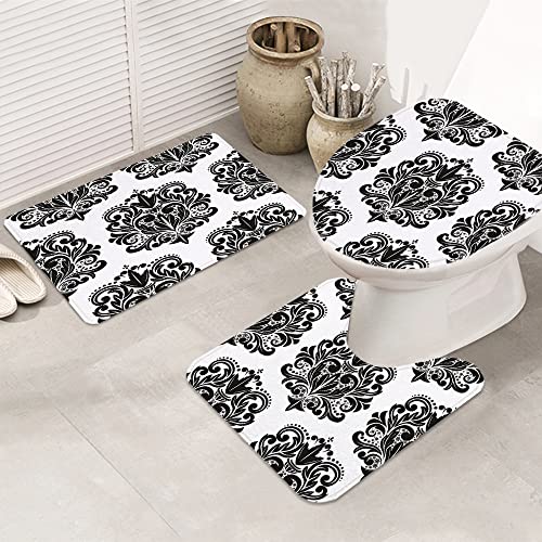 MANJIMAA Badematte Badvorleger Set 3-TLG. Teppich, Barocke schöne Damast-Muster-Schwarz-Spitze-weiße Blume…