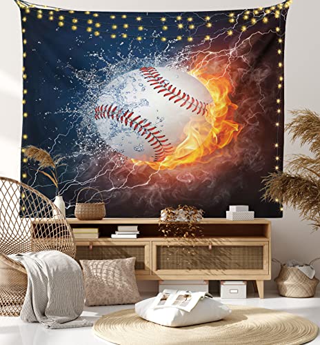 Lunarable Sports Tapestry, Baseball Ball And Water Splashing Thunder Creative Art Themed Print, Fabric Wall Hanging Decor For Bedroom Living Room Dorm, 45" X 30", Dark Blue And Burgundy #TOP6