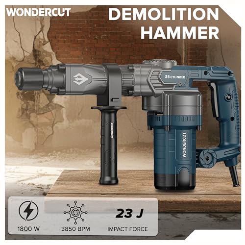Image of WONDERCUT WC-DHP-008-B Heavy Duty Demolition Hammer with 35mm Cylinder, 100% Copper | 1800W, 3850 BPM, 23J Impact | Includes 2 Pcs 17mm Hex Chisel & Spanner, BMC Box | Professional Use | Blue & Black