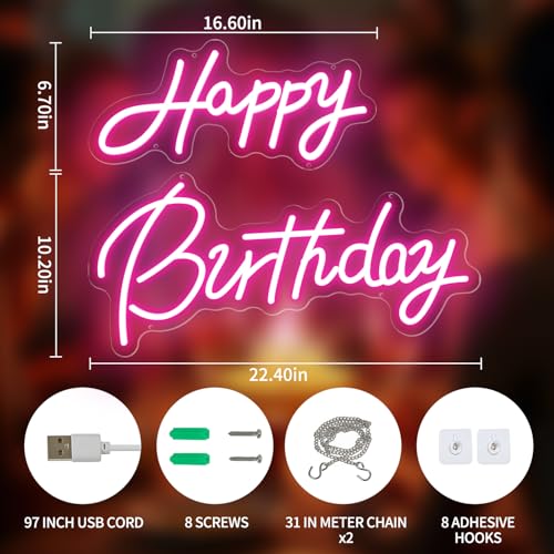 Image of Happy Birthday Neon Sign, Pink LED Neon Light Up Sign for Party Backdrop,Bedroom,Reunion,birthday 22x16.9 Inch