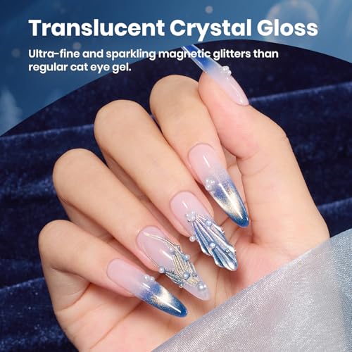 Image of Beetles Blue Cat Eye Gel Nail Polish - Frosted Sapphire Cat Eye Gel Polish, 15ML Gold Powder Blue Glitter Gel Polish Magnetic Shimmer Effect Soak Off UV Nail Art Design Manicure Gifts for Women