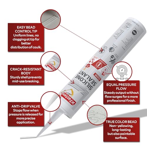 Image of XFasten Clear Silicone Caulk Neutral Cure 10.1 oz (4-Pack) 100% Waterproof Silicone Sealant, Crack and Shrink Resistant, Low Odor, Strong Adhesion Caulking for Kitchen Bath Window Shower Outdoor Use