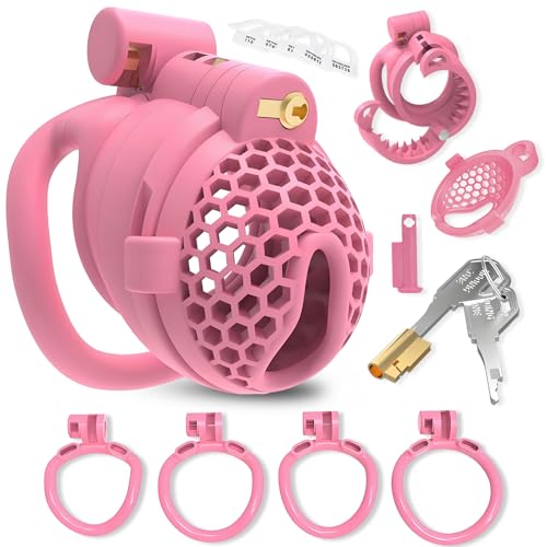 Keuschheitskäfig mit Spikes SM Sexspielzeug Peniskäfig mit Gürtel und 30 Stacheln Chastity Cage mit 4 Verschiedenen Gebogenen Ringen und 2 Versteckten Schlössern zur Bestrafung von Männer (B,Pink)