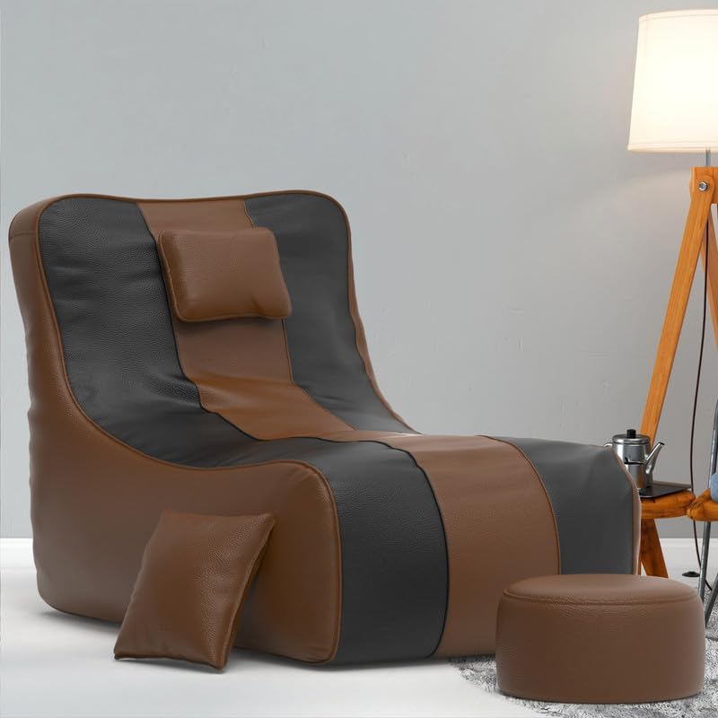 Image of Biggie Bean Bag with Beans Filled 6XL Zuno Lounger-Laziness Pro Max-Crafted for Comfort-Styled for Elegance with Free Cushion & Footrest (Matching Color : Leatherette Brown Black)