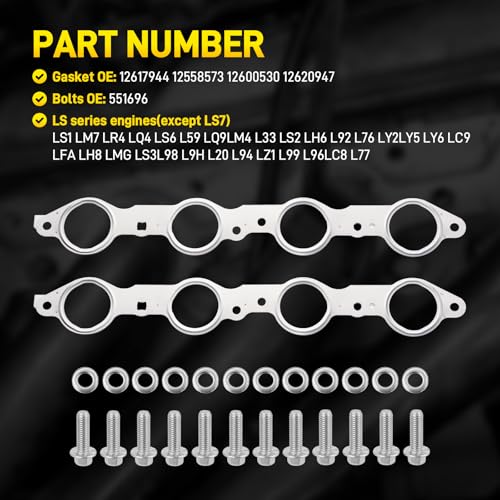 Image of 12617944 LS MLS Exhaust Manifold Gasket & Bolts Kit Compatible with GMC Sierra Yukon, Chevy Silverado 1500 Suburban LS Header Gasket LS1 LS2 LS3 LS6 LQ4 LQ9 LM7 4.8L 5.3L 5.7L 6.0L 6.2L OEM# 12558573