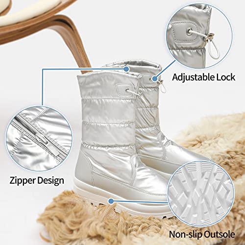 Hypocrute Women's Warm Snow Boots With Fur Lined Black And White Wide Winter Boots Water-Resistant Mid Calf Boots For Hiking,Working,Outdoors(Silver Us9) #TOP3