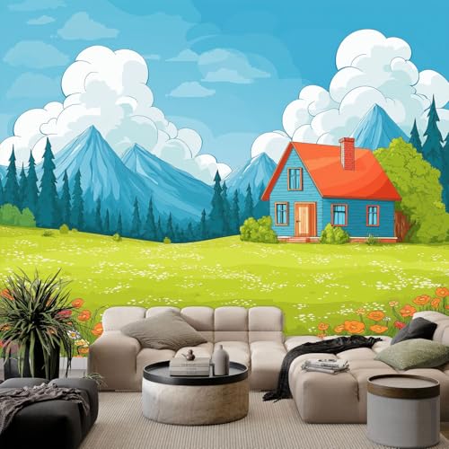 Papel pintado fotográfico con efecto 3D, diseño de casa de prado, resistente a los rayos UV, 200 x 140 cm, para salón, dormitorio, papel pintado