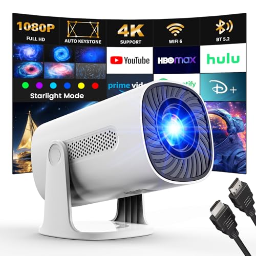 [Apps intégrées & Modes Étoiles] Vidéoprojecteur Supporte 4K 1080P avec Modes Étoiles Mini Projecteur avec Android TV OS WiFi6 y BT5.2 Auto Keystone, Compatible Con HDMI/TV Stick/USB, Blanc