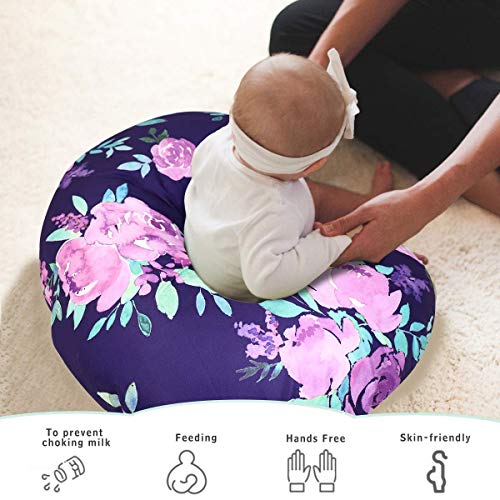 Image of Purple Floral Nursing Pillow Cover, Breastfeeding Pillow Slipcover for Baby Boys & Girls, Nursing Pillow Case for Newborn, Soft Fabric Fits Snug On Infant, Washable & Breathable, Watercolor Flower