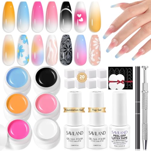 Image of SAVILAND Ombre Gel Nail Polish Kit: 6 Colors Painting Gel with Nail Sponges Gradient Blush Effect Solid Gels Polish French Tip Tools Nail Art Design Cream Gels Nail Polish for Salon & Home DIY