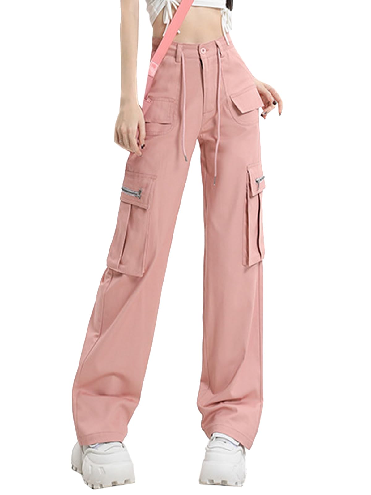 SANGTREE Womens High Waisted Straight Casual Wide Leg Cargo Pants with Pockets