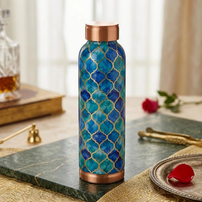 Image of DI: Decorative India 100% Pure Copper Water Bottle | Leak Proof, Durable & Rust Proof | Non-Toxic & BPA Free Bottles | Eco Friendly Water Bottle (900 ml) Royal Blue