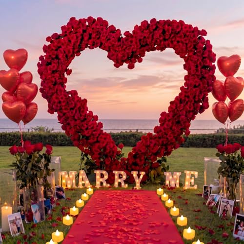 Coume 88 Pcs Valentine Marry Me Lighted Letters Heart Arch Stand Proposal Decoration with 4000 Rose Petals 48 Heart Romantic Candles Balloon Carpet 16ft for Wedding Engagement Night(Red Gold)