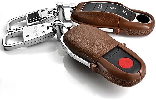 Saibon Protective BROWN Genuine Leather Hard Back Keyless Remote Entry Case Keychain for Porsche Panamera Cayenne Macan Boxster Cayman Boxster Cayman 911