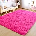 Awaytail Fluffy Rug Washable 4x6 Feet, Hot Pink Fuzzy Rugs for Bedroom Girls, Flame Retardant Plush Shaggy Rug Home Decor
