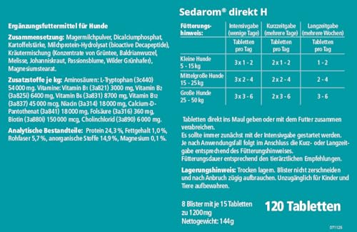 almapharm sedarom direkt h | 120 Tabletten | Ergänzungsfuttermittel für Hunde | Zum Ausgleich ernährungsbedingter Mängel an B-Vitaminen | Unterstützung des Nervenstoffwechsels