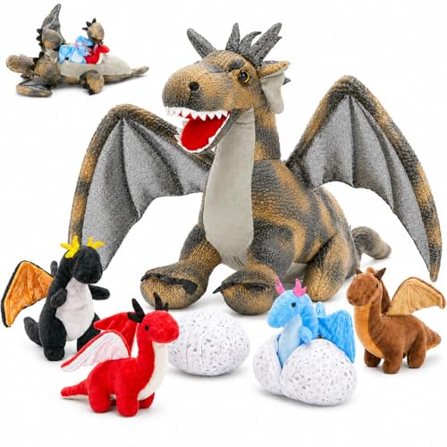 Image of Dragon Plush with 4 Babies, 21.7 inch Dinosaur Stuffed Animal, Gray