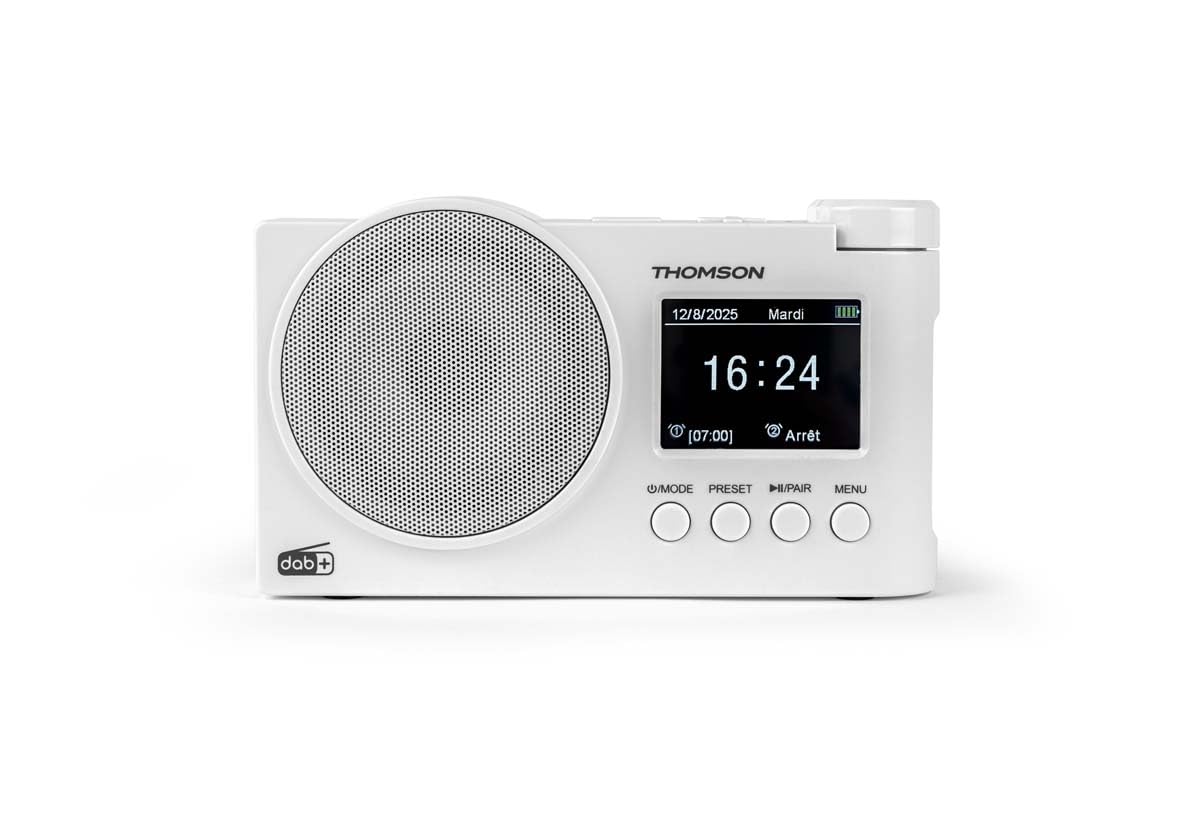 Radio Dab+,FM, 60stations préréglés Possible,Rechargeable ou Secteur, reveil, Enceinte Bluetooth Thomson RT400DABBT,Cable de Charge usbc (Blanche)
